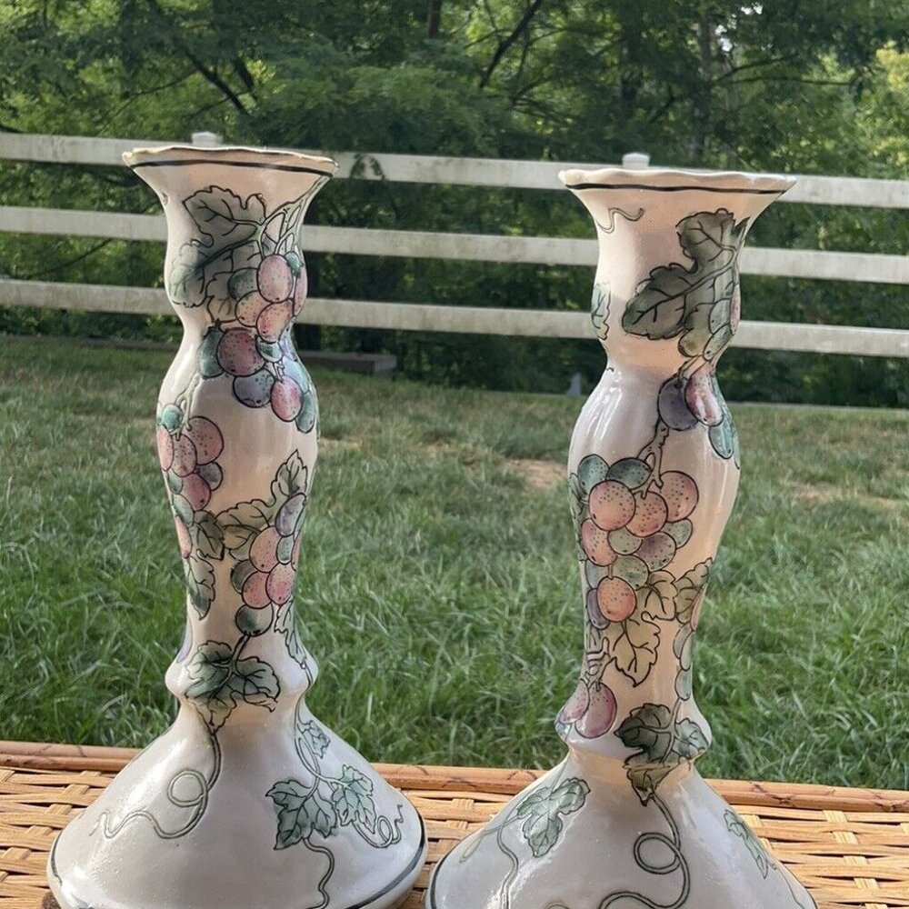 Pair of VTG Andrea By Sadek Chinoiserie Berry Candlestick Holder~9 1/4"